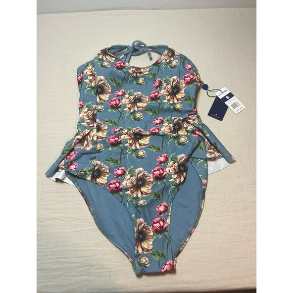 NWT Vigoss Halter One-Piece Womans Swim Suit Blue Floral Peplum Size‎ Small - Picture 2 of 8